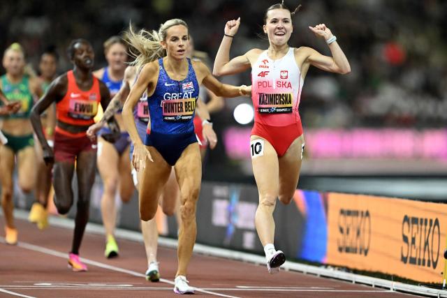 Poland's Klaudia Kazimierska (R) celebrates her victory ahead of Britain's Georgia Hunter Bell in the women's 1500m final during the World Athletics Ultimate Championship at the Gyula Zsivotzky National Athletics Centre, in Budapest on September 12, 2026. (Photo by Jewel SAMAD / AFP)