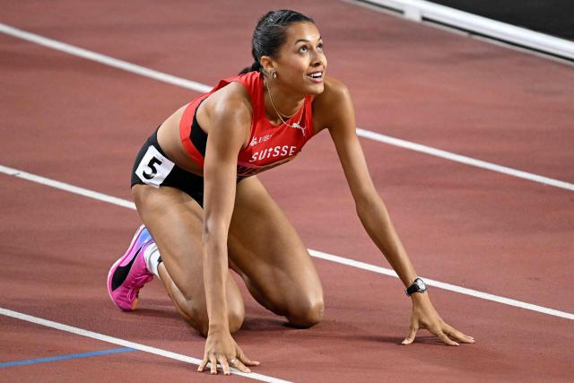 Switzerland's Audrey Werro reacts after winning the women's 800m final during the World Athletics Ultimate Championship at the Gyula Zsivotzky National Athletics Centre, in Budapest on September 12, 2026. (Photo by Attila KISBENEDEK / AFP)