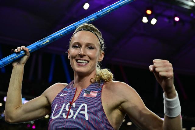 US' Sandi Morris celebrates as she competes in the women's pole vault final during the World Athletics Ultimate Championship at the Gyula Zsivotzky National Athletics Centre, in Budapest on September 12, 2026. (Photo by Ben STANSALL / AFP)
