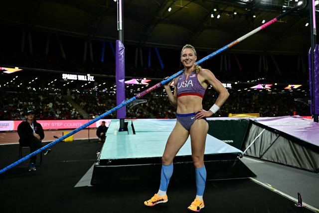 US' Sandi Morris celebrates as she competes in the women's pole vault final during the World Athletics Ultimate Championship at the Gyula Zsivotzky National Athletics Centre, in Budapest on September 12, 2026. (Photo by Ben STANSALL / AFP)