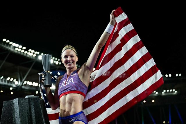 Winner US' Sandi Morris celebrate following her victory inin the women's pole vault final during the World Athletics Ultimate Championship at the Gyula Zsivotzky National Athletics Centre, in Budapest on September 12, 2026. (Photo by Ben STANSALL / AFP)