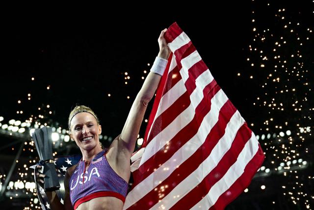 Winner US' Sandi Morris celebrate following her victory inin the women's pole vault final during the World Athletics Ultimate Championship at the Gyula Zsivotzky National Athletics Centre, in Budapest on September 12, 2026. (Photo by Ben STANSALL / AFP)