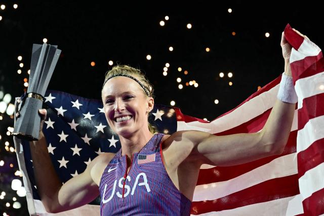 Winner US' Sandi Morris celebrate following her victory inin the women's pole vault final during the World Athletics Ultimate Championship at the Gyula Zsivotzky National Athletics Centre, in Budapest on September 12, 2026. (Photo by Ben STANSALL / AFP)