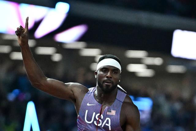 US' Kenneth Bednarek celebrates after winning the men's 100m final during the World Athletics Ultimate Championship at the Gyula Zsivotzky National Athletics Centre, in Budapest on September 12, 2026. (Photo by Jewel SAMAD / AFP)
