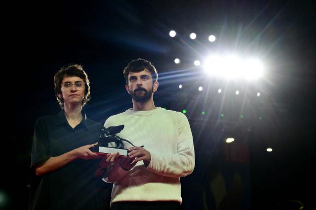 TOPSHOT - Director Yuval Abraham and Director Rachel Szor winners of the Special Jury Prize for "Naza" attend a photocall on the red carpet following the closing ceremony of the 83rd Venice Film Festival at Venice Lido on September 12, 2026 (Photo by Stefano RELLANDINI / AFP)