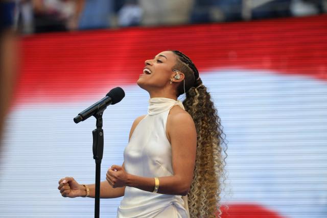 US singer Ariana DeBose sings the national anthem before the women's singles final tennis match between Belarus's Aryna Sabalenka and Kazakhstan's Elena Rybakina on day fourteen of the US Open tennis tournament at the USTA Billie Jean King National Tennis Center in New York City on September 12, 2026. (Photo by TIMOTHY A. CLARY / AFP)