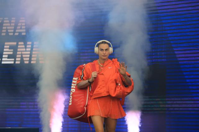 Belarus's Aryna Sabalenka arrives for the women's singles final tennis match against Kazakhstan's Elena Rybakina on day fourteen of the US Open tennis tournament at the USTA Billie Jean King National Tennis Center in New York City on September 12, 2026. (Photo by TIMOTHY A. CLARY / AFP)
