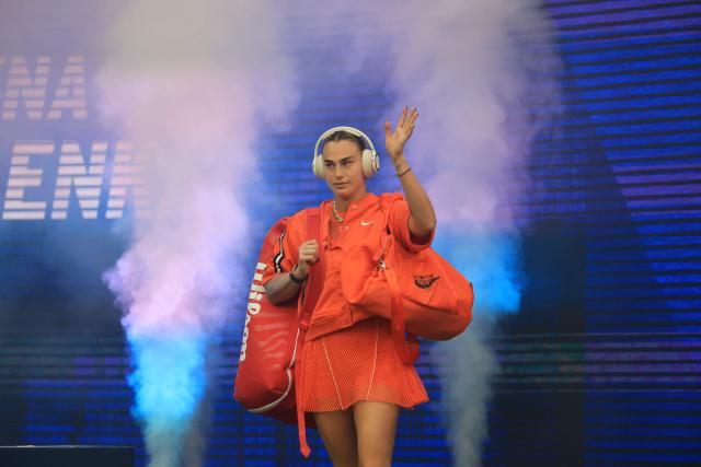 Belarus's Aryna Sabalenka arrives for the women's singles final tennis match against Kazakhstan's Elena Rybakina on day fourteen of the US Open tennis tournament at the USTA Billie Jean King National Tennis Center in New York City on September 12, 2026. (Photo by TIMOTHY A. CLARY / AFP)