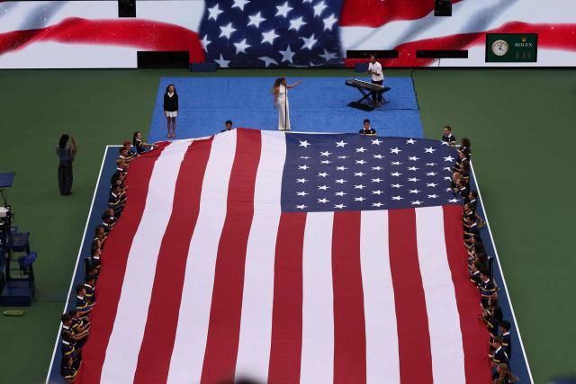 US singer Ariana DeBose sings the national anthem before the women's singles final tennis match between Belarus's Aryna Sabalenka and Kazakhstan's Elena Rybakina on day fourteen of the US Open tennis tournament at the USTA Billie Jean King National Tennis Center in New York City on September 12, 2026. (Photo by Leonardo MUNOZ / AFP)