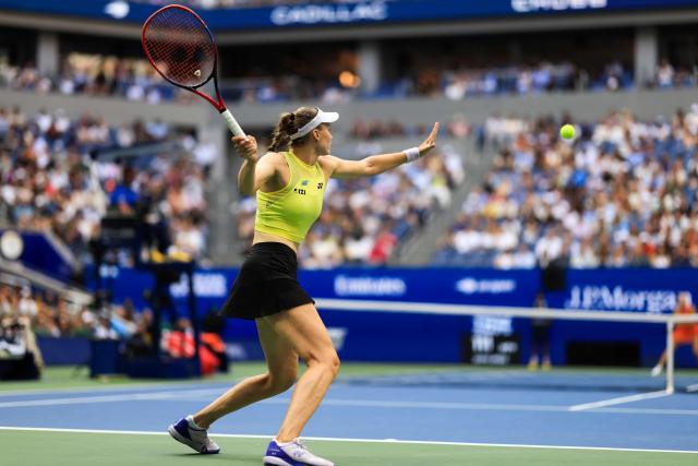 Kazakhstan's Elena Rybakina hits a return against Belarus's Aryna Sabalenka during the women's singles final tennis match on day fourteen of the US Open tennis tournament at the USTA Billie Jean King National Tennis Center in New York City on September 12, 2026. (Photo by CHARLY TRIBALLEAU / AFP)