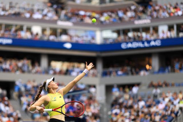 Kazakhstan's Elena Rybakina serves against Belarus's Aryna Sabalenka during the women's singles final tennis match on day fourteen of the US Open tennis tournament at the USTA Billie Jean King National Tennis Center in New York City on September 12, 2026. (Photo by CHARLY TRIBALLEAU / AFP)