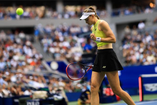 Kazakhstan's Elena Rybakina reacts after a point against Belarus's Aryna Sabalenka during the women's singles final tennis match on day fourteen of the US Open tennis tournament at the USTA Billie Jean King National Tennis Center in New York City on September 12, 2026. (Photo by CHARLY TRIBALLEAU / AFP)