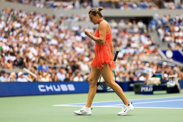Belarus's Aryna Sabalenka reacts after a point against Kazakhstan's Elena Rybakina during the women's singles final tennis match on day fourteen of the US Open tennis tournament at the USTA Billie Jean King National Tennis Center in New York City on September 12, 2026. (Photo by CHARLY TRIBALLEAU / AFP)