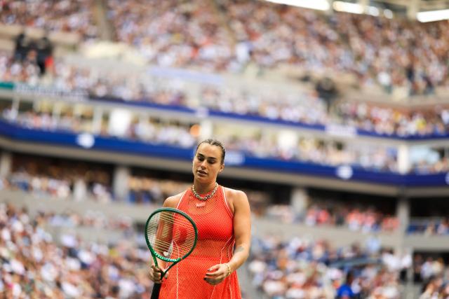 Belarus's Aryna Sabalenka looks on during the women's singles final tennis match against Kazakhstan's Elena Rybakina on day fourteen of the US Open tennis tournament at the USTA Billie Jean King National Tennis Center in New York City on September 12, 2026. (Photo by CHARLY TRIBALLEAU / AFP)