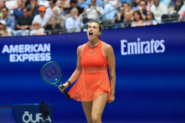 Belarus's Aryna Sabalenka reacts during the women's singles final tennis match against Kazakhstan's Elena Rybakina on day fourteen of the US Open tennis tournament at the USTA Billie Jean King National Tennis Center in New York City on September 12, 2026. (Photo by TIMOTHY A. CLARY / AFP)