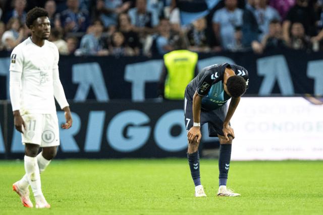 Le Havre's Moroccan midfielder #07 Amir Richardson (R) reacts at the end of the French L1 football match between Le Havre AC and SCO Angers at the Stade Oceane in Le Havre, northwestern France, on September 12, 2026. (Photo by Guillaume SALIGOT / AFP)