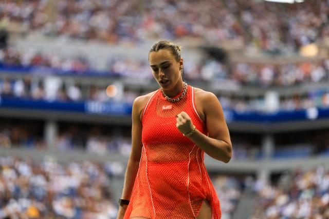 Belarus's Aryna Sabalenka reacts after a point against Kazakhstan's Elena Rybakina during the women's singles final tennis match on day fourteen of the US Open tennis tournament at the USTA Billie Jean King National Tennis Center in New York City on September 12, 2026. (Photo by CHARLY TRIBALLEAU / AFP)