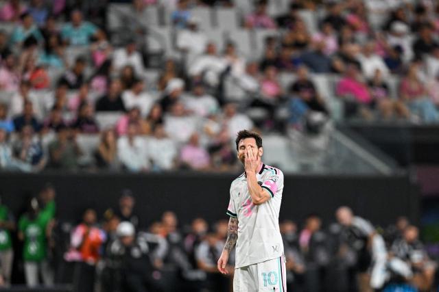 Inter Miami's Argentine forward #10 Lionel Messi reacts after missing a chance to score on a free kick during a Major League Soccer (MLS) regular season football match between Inter Miami CF and Nashville FC at Nu Stadium in Miami, Florida, on September 12, 2026. (Photo by CHANDAN KHANNA / AFP)