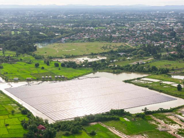 In this photo taken on August 22, 2026, the Vientiane Capital Hadxayfong District floating solar farm is seen in Hadxayfong district in Vientiane. Isolated, under-developed Laos brands itself the "Battery of Southeast Asia", powering its neighbours with dozens of hydroelectric plants, but frequent power outages leave its own people in the dark. (Photo by AFP) / TO GO WITH: Laos-energy-electricity, by Beatrice SIVIERO