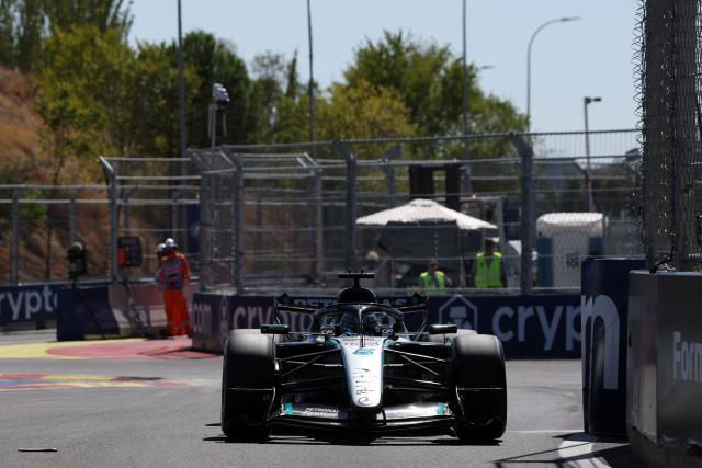 Mercedes' British driver George Russell competes in the Spanish Formula One Grand Prix at the Madring circuit on September 13, 2026 in Madrid. (Photo by Pierre-Philippe MARCOU / AFP)