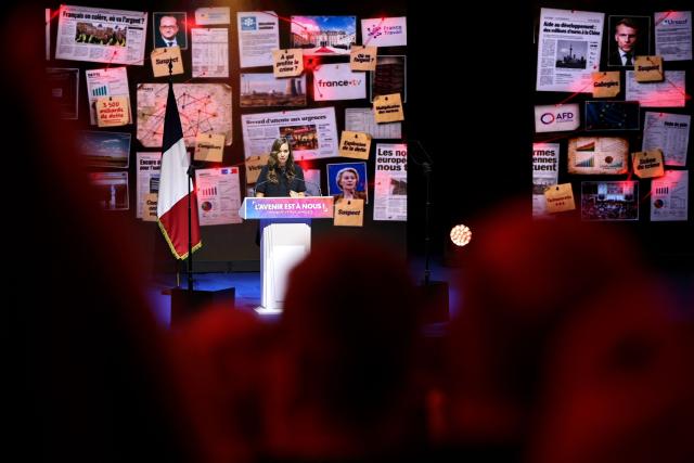 Reconquete! far-right party MEP Sarah Knafo delivers a speech during the closing day of the far-right party's summer university, seen as an early step in the party's campaign ahead of the 2027 French presidential election, in Le Port-Marly on September 13, 2026.  (Photo by SIMON WOHLFAHRT / AFP)