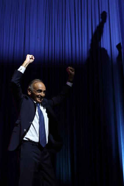 French far-right Reconquete! party leader Eric Zemmour gestures as he attends the closing day of the far-right party's summer university, seen as an early step in the party's campaign ahead of the 2027 French presidential election, in Le Port-Marly, north-west of Paris on September 13, 2026.  (Photo by SIMON WOHLFAHRT / AFP)