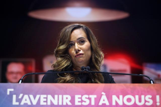 Reconquete! far-right party MEP Sarah Knafo delivers a speech during the closing day of the far-right party's summer university, seen as an early step in the party's campaign ahead of the 2027 French presidential election, in Le Port-Marly on September 13, 2026.  (Photo by SIMON WOHLFAHRT / AFP)