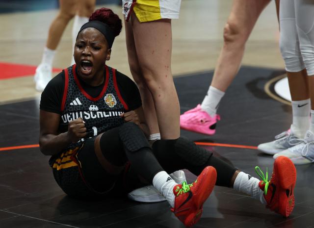 Germany's point guard #01 Alexis Peterson celebrates a point during the 2026 FIBA Women's Basketball World Cup third place game between Spain and Germany in Berlin on September 13, 2026. (Photo by Odd ANDERSEN / AFP)