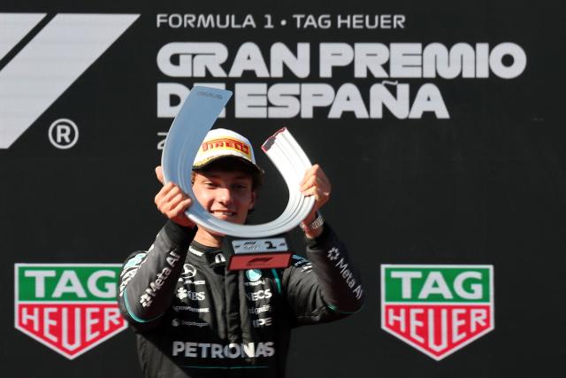 Mercedes' Italian driver Kimi Antonelli celebrates on the podium after the Spanish Formula One Grand Prix at the Madring circuit on September 13, 2026 in Madrid. (Photo by Thomas COEX / AFP)