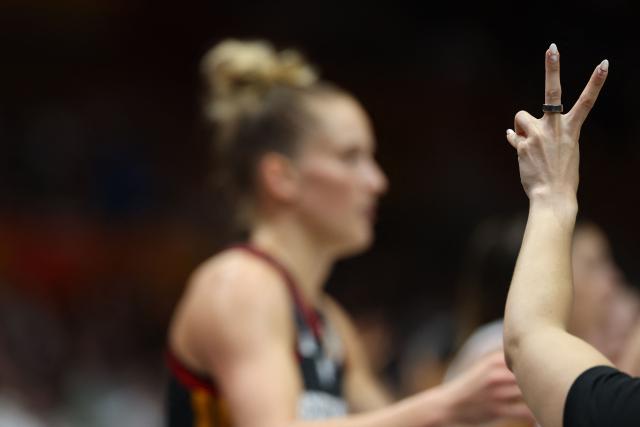 A referee gestures during the 2026 FIBA Women's Basketball World Cup third place game between Spain and Germany in Berlin on September 13, 2026. (Photo by Odd ANDERSEN / AFP)