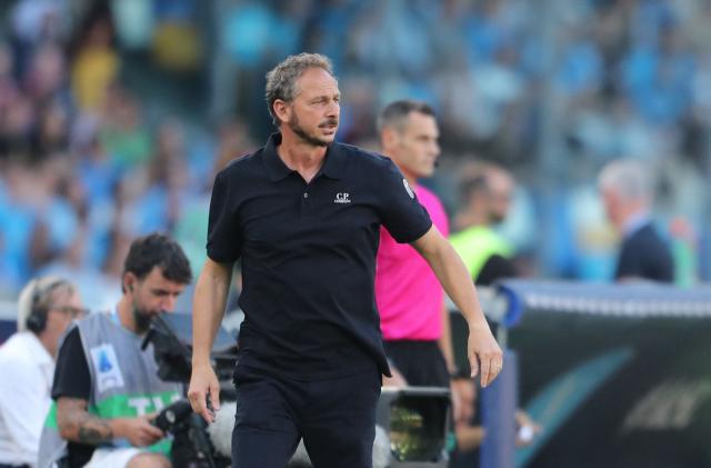 Bologna's Italian second coach Andrea Tarozzi reacts during the Italian Serie A football match SSC Napoli vs Bologna FC 1909 at the Diego Armando Maradona Stadium on September 13, 2026. (Photo by CARLO HERMANN / AFP)