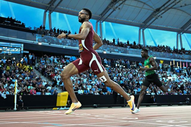 Qatar's Abderrahman Samba crosses the finish line of the men's 400m hurdles final during the World Athletics Ultimate Championship at the Gyula Zsivotzky National Athletics Centre, in Budapest on September 13, 2026. (Photo by Jewel SAMAD / AFP)