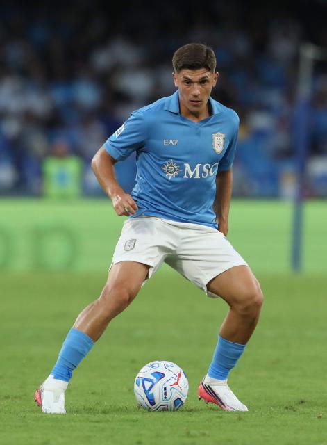 Napoli's Italian defender #02 Costantino Favasuli controls the ball during the during the Italian Serie A football match SSC Napoli vs Bologna FC 1909 at the Diego Armando Maradona Stadium in Naples on September 13, 2026. (Photo by CARLO HERMANN / AFP)