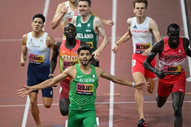Algeria's Djamel Sedjati (C) celebrates winning the men's 800m final during the World Athletics Ultimate Championship at the Gyula Zsivotzky National Athletics Centre, in Budapest on September 13, 2026. (Photo by Attila KISBENEDEK / AFP)
