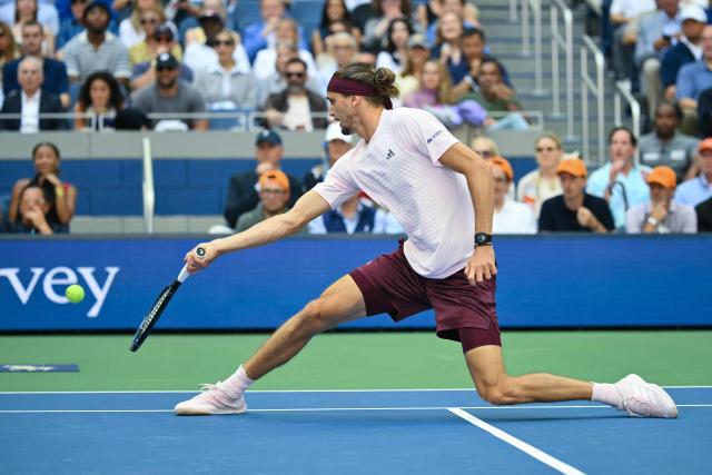Germany's Alexander Zverev hits a return to USA's Ben Shelton during the men's singles final tennis match on day fifteen of the US Open tennis tournament at the USTA Billie Jean King National Tennis Center in New York on September 13, 2026. (Photo by ANGELA WEISS / AFP)