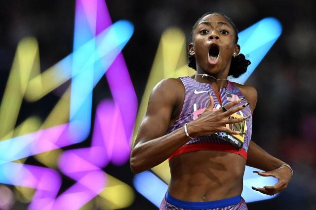 US' athlete Melissa Jefferson-Wooden celebrates her victory in the women's 200m final during the World Athletics Ultimate Championship at the Gyula Zsivotzky National Athletics Centre, in Budapest on September 13, 2026. (Photo by Jewel SAMAD / AFP)