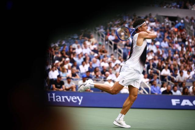 USA's Ben Shelton plays a return to Germany's Alexander Zverev during the men's singles final tennis match on day fifteen of the US Open tennis tournament at the USTA Billie Jean King National Tennis Center in New York City on September 13, 2026. (Photo by CHARLY TRIBALLEAU / AFP)