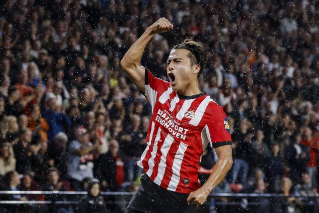 PSV Eindhoven's Japanese midfielder #24 Kodai Sano celebrates after scoring his team's second goal during the Dutch Eredivisie match between PSV Eindhoven and Sparta Rotterdam at the Philips Stadium in Eindhoven on September 13, 2026. (Photo by MAURICE VAN STEEN / ANP / AFP) / Netherlands OUT