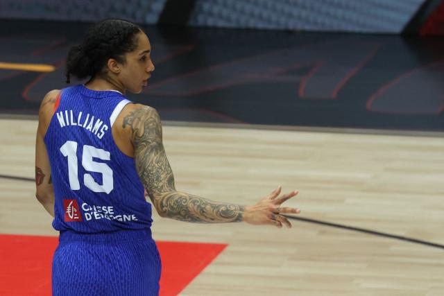 France's forward #15 Gabby Williams reacts during the 2026 FIBA Women’s Basketball World Cup final game between the United States and France in Berlin on September 13, 2026. (Photo by Odd ANDERSEN / AFP)