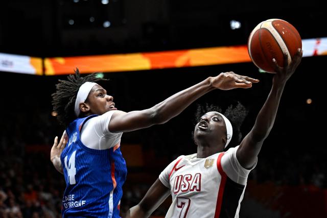 France's center #14 Dominique Malonga and USA's guard #07 Kahleah Copper vie for the ball during the 2026 FIBA Women’s Basketball World Cup final game between the United States and France in Berlin on September 13, 2026. (Photo by Tobias SCHWARZ / AFP)