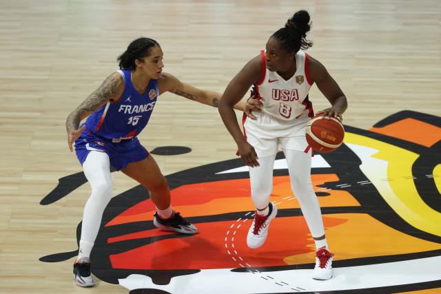 France's forward #15 Gabby Williams and USA's guard #08 Chelsea Gray vie for the ball during the 2026 FIBA Women’s Basketball World Cup final game between the United States and France in Berlin on September 13, 2026. (Photo by Odd ANDERSEN / AFP)