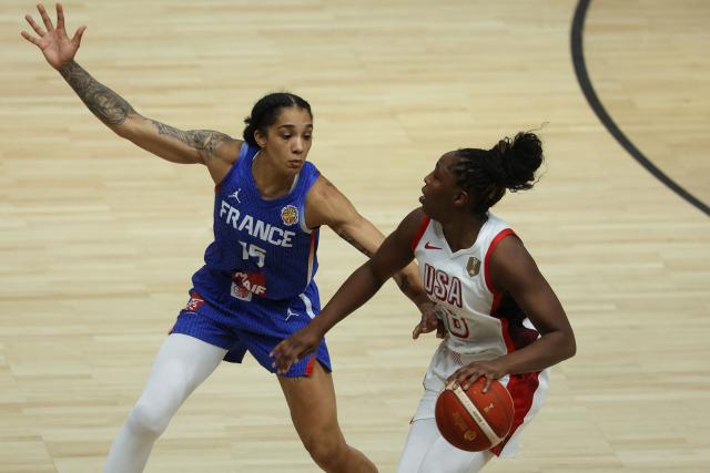 France's forward #15 Gabby Williams and USA's guard #08 Chelsea Gray vie for the ball during the 2026 FIBA Women’s Basketball World Cup final game between the United States and France in Berlin on September 13, 2026. (Photo by Odd ANDERSEN / AFP)