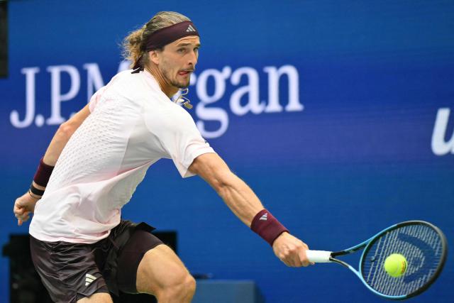 Germany's Alexander Zverev hits a return to USA's Ben Shelton during the men's singles final tennis match on day fifteen of the US Open tennis tournament at the USTA Billie Jean King National Tennis Center in New York on September 13, 2026. (Photo by ANGELA WEISS / AFP)