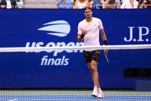 Germany's Alexander Zverev celebrates winning the second set against USA's Ben Shelton during the men's singles final tennis match on day fifteen of the US Open tennis tournament at the USTA Billie Jean King National Tennis Center in New York on September 13, 2026. (Photo by CHARLY TRIBALLEAU / AFP)