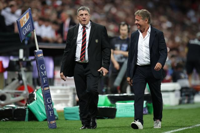 President of Stade Toulousain Didier Lacroix (L) walks with president of UBB Laurent Marti (R) ahead of the French Top 14 rugby union match between Stade Toulousain and Bordeaux-Begles at the Stade Ernest-Wallon in Toulouse, southwestern France on September 13, 2026.  (Photo by Valentine CHAPUIS / AFP)