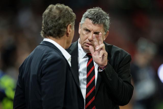 President of Stade Toulousain Didier Lacroix (R) speaks with president of UBB Laurent Marti (L) ahead of the French Top 14 rugby union match between Stade Toulousain and Bordeaux-Begles at the Stade Ernest-Wallon in Toulouse, southwestern France on September 13, 2026.  (Photo by Valentine CHAPUIS / AFP)