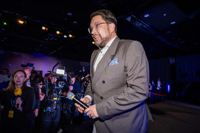 Far-right Sweden Democrats leader Jimmie Akesson leaves after delivering a speech at the party's election watch in Solna, near Stockholm, in the early hours of September 14, 2026. Sweden's leftwing opposition bloc held a razor-thin lead in Sunday's general election with half of votes counted, with the far right seen losing ground. (Photo by Jonathan NACKSTRAND / AFP)