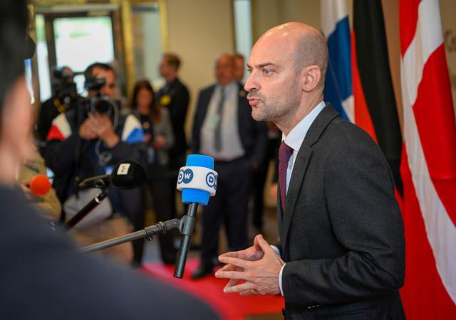 France's Minister for Europe and Foreign Affairs Jean-Noël Barrot speaks with journalists as he arrives at the Arktikum science centre to attend The European Arctic Summit in Rovaniemi, Finland, on September 14, 2026. EU leaders meet in Finland's northern city of Rovaniemi to discuss how to strengthen the bloc's presence in the Arctic amid an international showdown over the strategic region. US President Donald Trump's repeated threats to bring Greenland -- an autonomous Danish territory --  under US control, has triggered a diplomatic crisis among allies. (Photo by Jouni Porsanger / Lehtikuva / AFP) / Finland OUT
