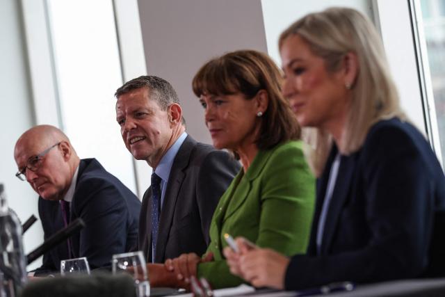 (L to R) Scottish Nationalist Party (SNP) leader John Swinney, Rhun ap Iorwerth of Plaid Cymru in Wales, Mary Lou McDonald, president of Irish Republicans Sinn Fein and Michelle O'Neill, vice president of Irish Republicans Sinn Fein speak to the media as they attend a meeting in Cardiff, Wales on September 14, 2026, to press for self-determination votes in their territories. The leaders of the main Scottish, Welsh and Northern Irish separatist parties were to hold rare talks on September 14 aiming to advance their campaigns to break away from Britain, they announced in a statement. (Photo by Adrian Dennis / AFP)