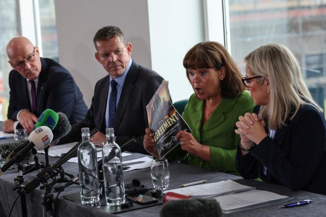 Mary Lou McDonald, president of Irish Republicans Sinn Fein (2nd R) speaks as Scottish Nationalist Party (SNP) leader John Swinney (L), Rhun ap Iorwerth (2nd L) of Plaid Cymru in Wales and Michelle O'Neill (R), vice president of Irish Republicans Sinn Fein look on, as they attend a meeting in Cardiff, Wales on September 14, 2026, to press for self-determination votes in their territories. The leaders of the main Scottish, Welsh and Northern Irish separatist parties were to hold rare talks on September 14 aiming to advance their campaigns to break away from Britain, they announced in a statement. (Photo by Adrian Dennis / AFP)